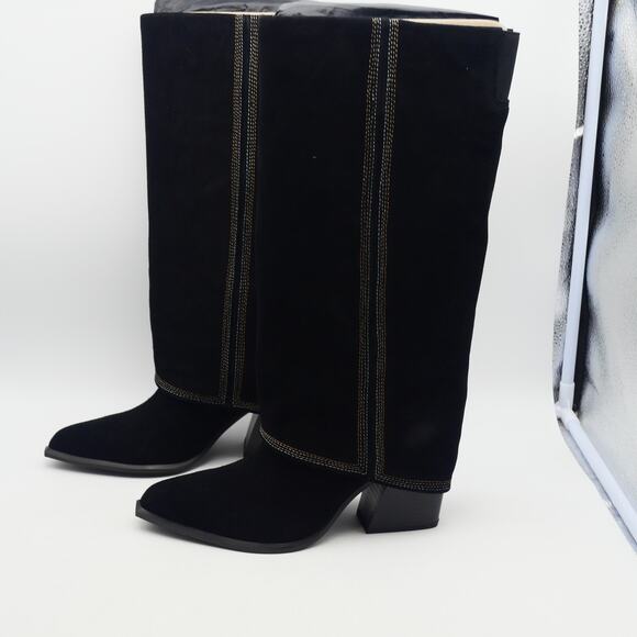 NEW Nine West Women's 8.5 Rimepy Foldover Boot Black Suede Block Heel - Picture 2 of 13